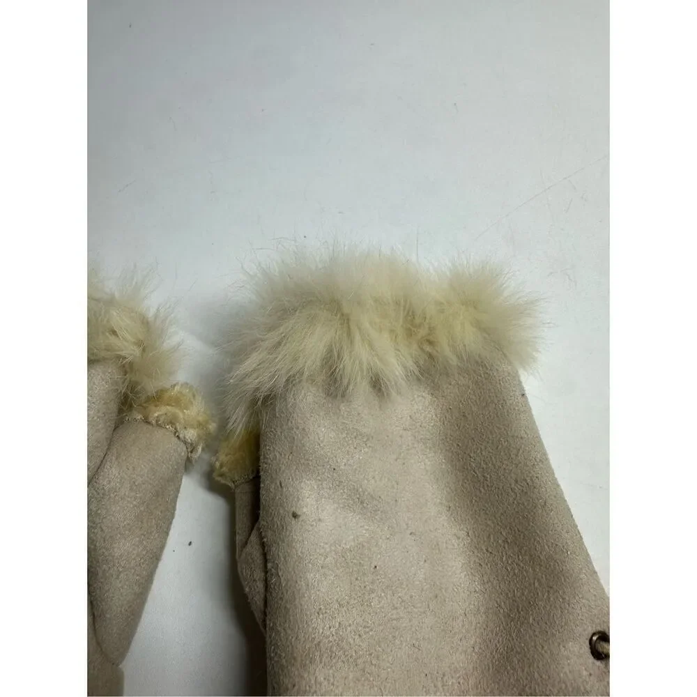 Women’s Faux Suede Fingerless Gloves Tan Beige One Size Rabbit Fur Trim Lace Up